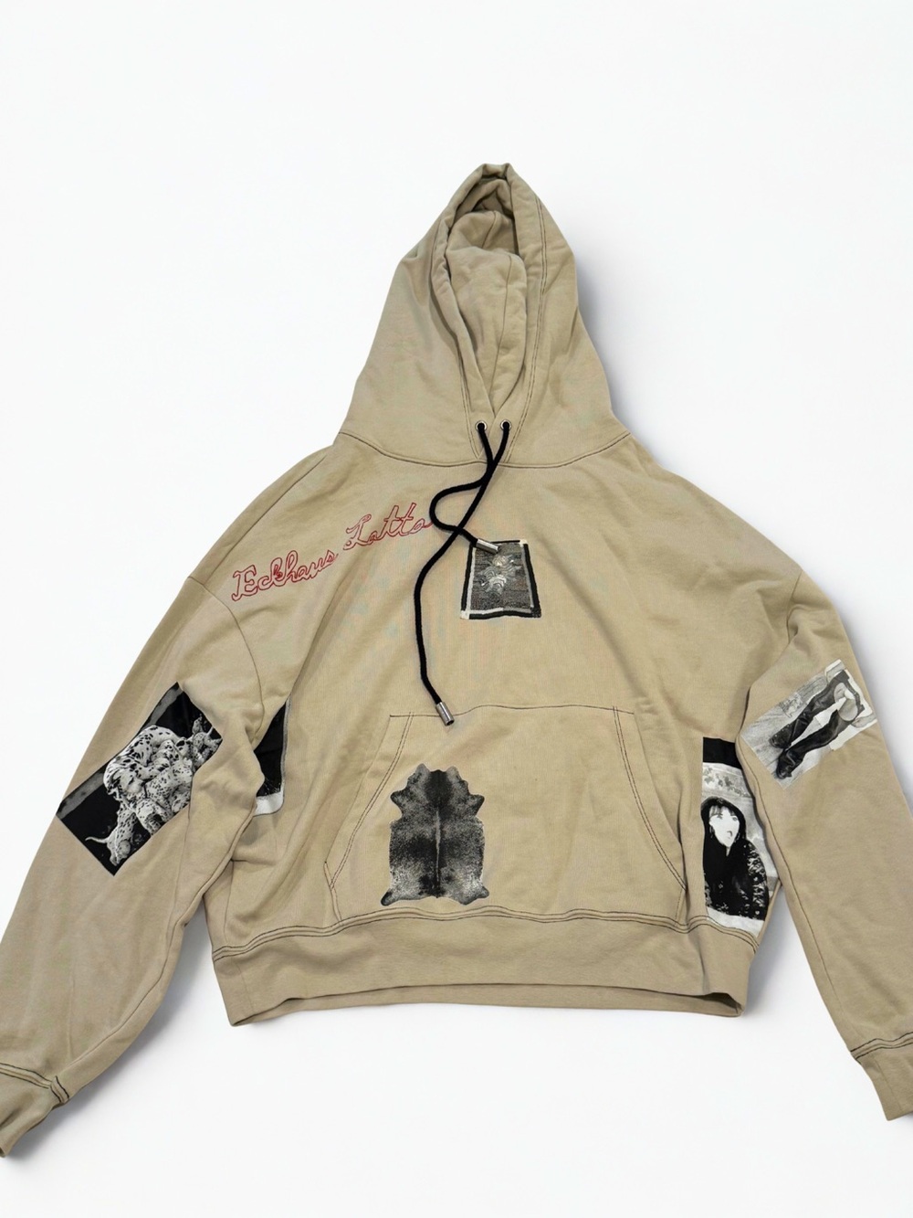 Eckhaus Latta Beige Drawstring Hoodie with Red Label